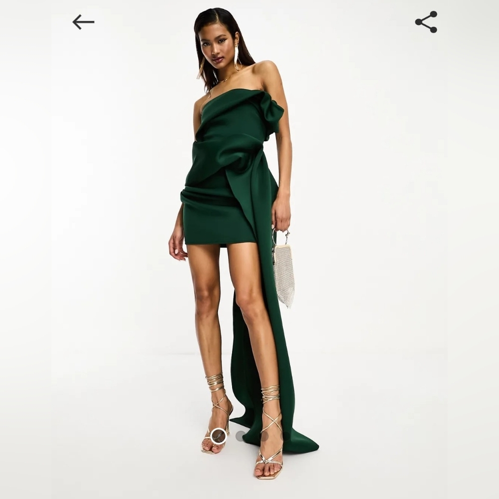 Asos design one shoulder structured mini dress with train detail in forest green